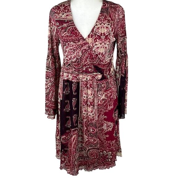 Bcbgmaxazria Paisley Print dress. A-Line V-Neck Bell Sleeve Size XS Fall Winter - Picture 1 of 11